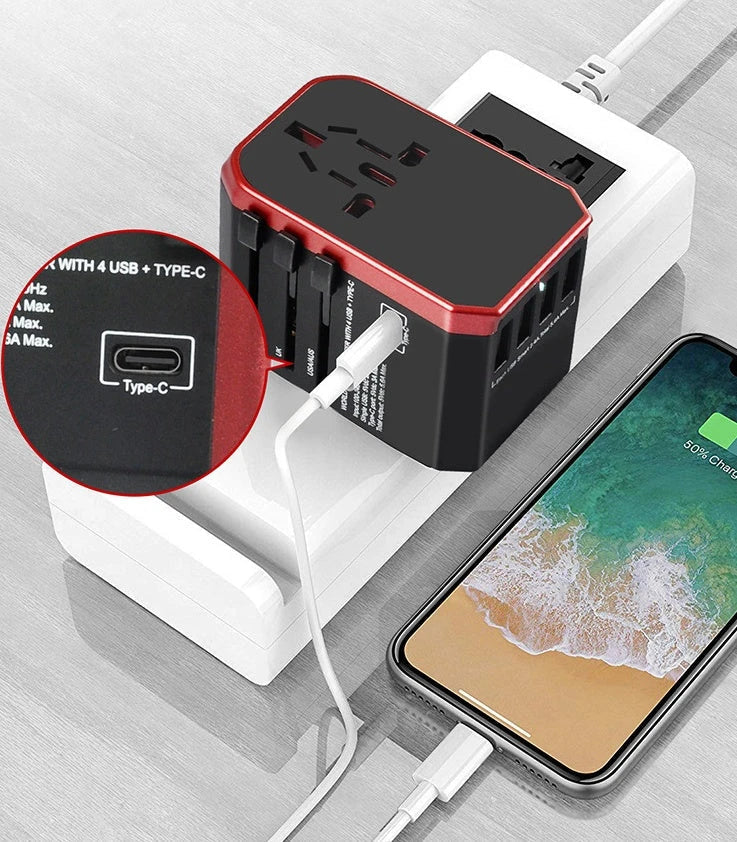 Universal USB Travel Adapter Charger with 4 USB Ports and 5600mAh Battery for Simultaneous Fast Charging in over 150 Countries