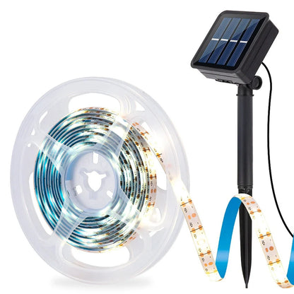 Compact 70x70mm solar LED strip with 90 lights in warm white, IP65 rated for garden paths