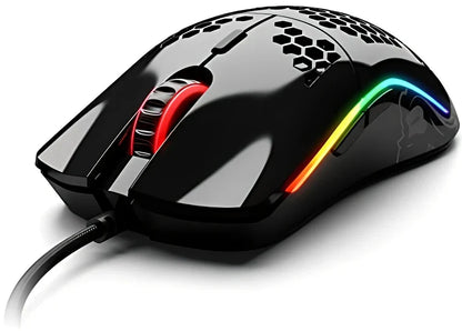 Black matte gaming mouse with hole design showing RGB lighting and ergonomic shape for right-handed use