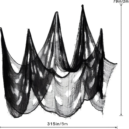 Black polyester Halloween decoration gauze showing 76cm width and drape characteristics