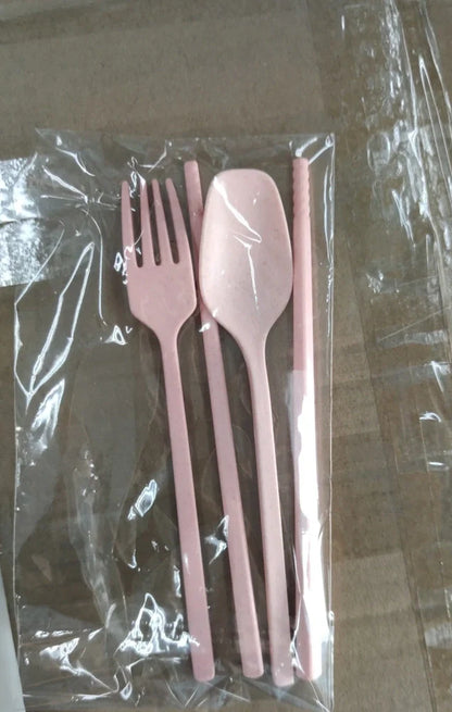 Mickey cartoon wheat straw children's bowl set with pink 21.5 cm bowl, spoon, fork, chopsticks - BPA-free biodegradable kids meal kit