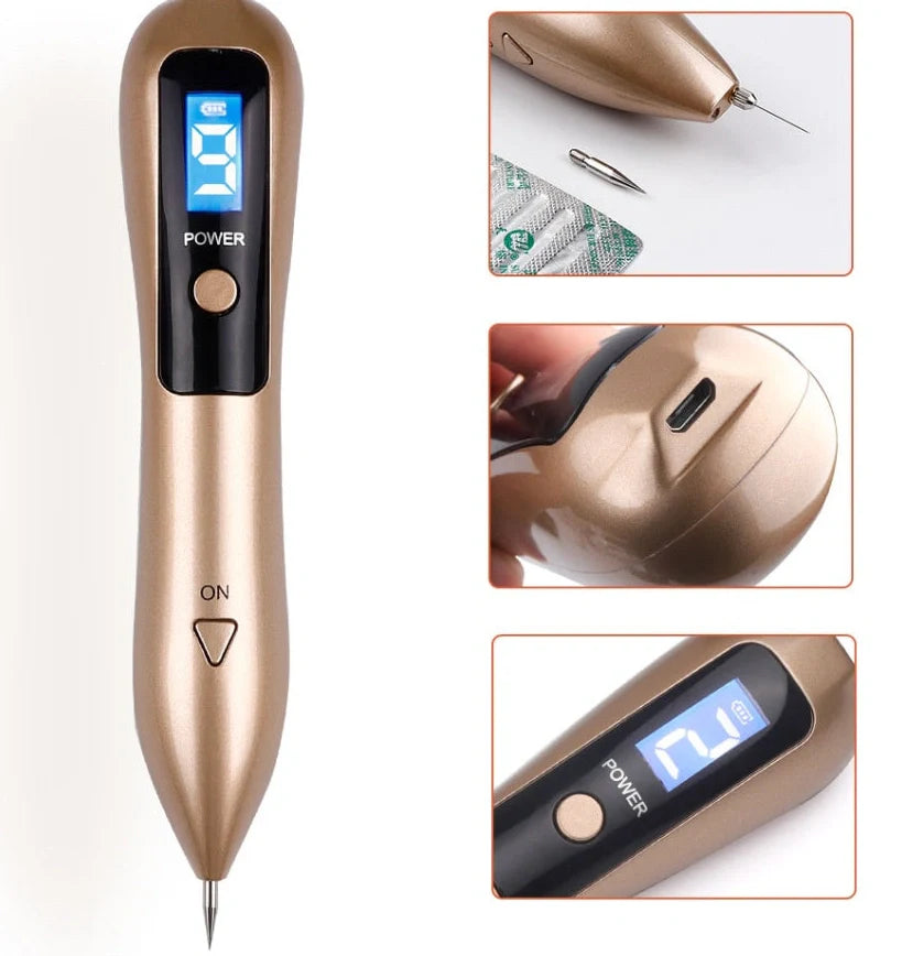 Laser beauty point pen with LCD display showing power level, stainless steel tip, and USB charging port