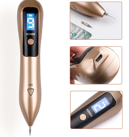 Laser beauty point pen with LCD display showing power level, stainless steel tip, and USB charging port