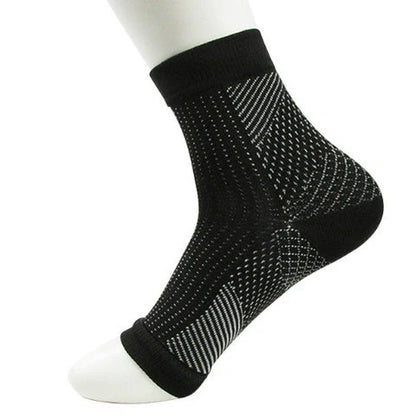 Anti-fatigue compression foot sleeves for men and women in black, red, and white