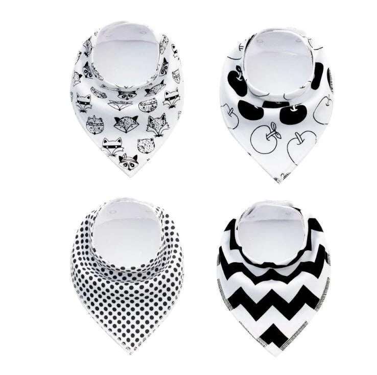 Stylish baby bibs and burp cloths featuring trendy arrow, wave, and triangle designs in soft, absorbent cotton