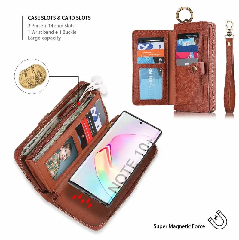 Black PU leather zipper wallet case open next to a Samsung Galaxy phone.
