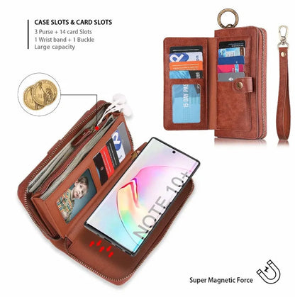 Black PU leather zipper wallet case open next to a Samsung Galaxy phone.