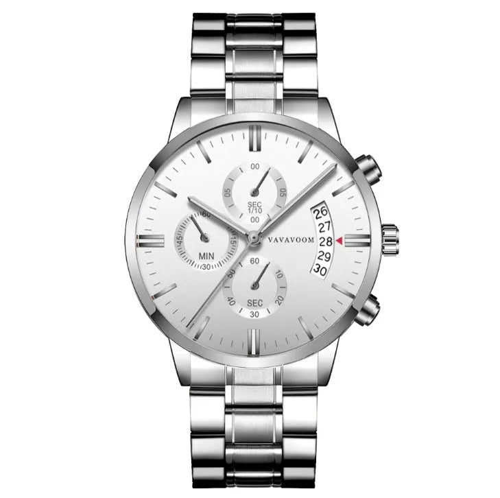 Men's stainless steel quartz watch with black dial and calendar display showing 43mm diameter case
