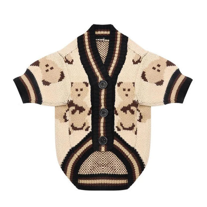 Bear pattern dog sweater in beige or red, lightweight polyester pullover for small dogs and cats, sizes XS to XL