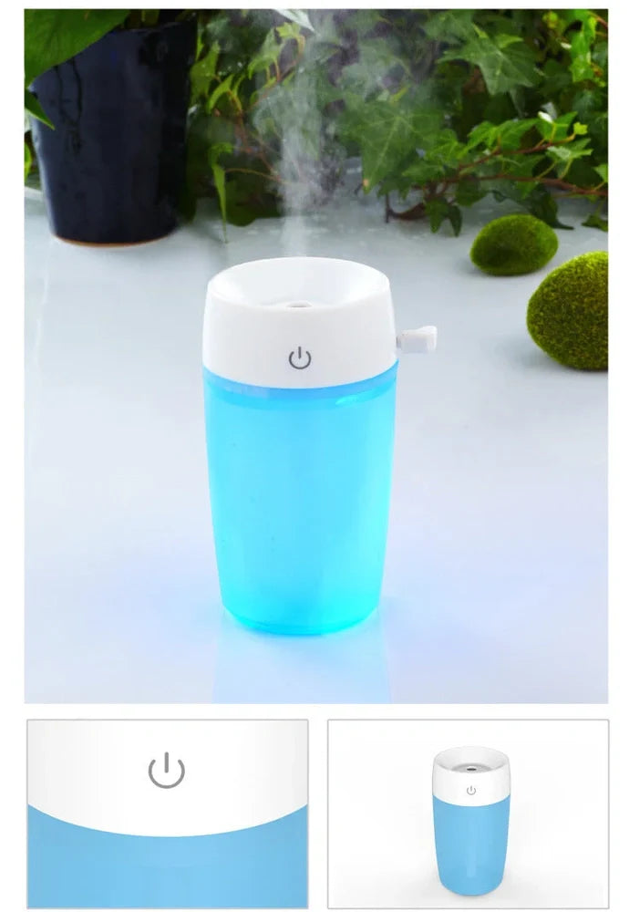 Mini air humidifier in white colour with USB cable, showing compact size suitable for desk use