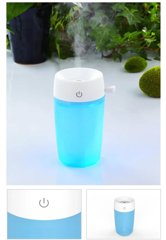 Mini air humidifier in white colour with USB cable, showing compact size suitable for desk use