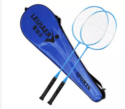 Beginner badminton racket set with iron frame and cover pocket in blue, pink, or red