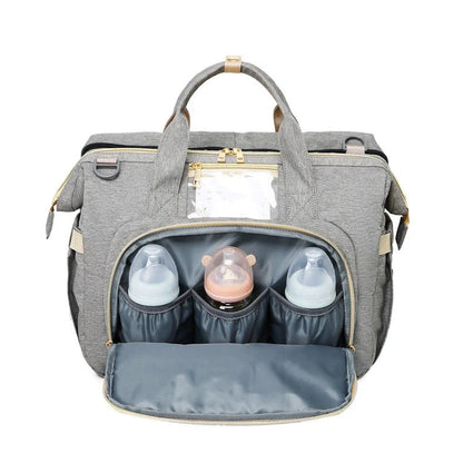 Portable folding crib mummy bag showing 40x19x32cm dimensions with Oxford cloth exterior