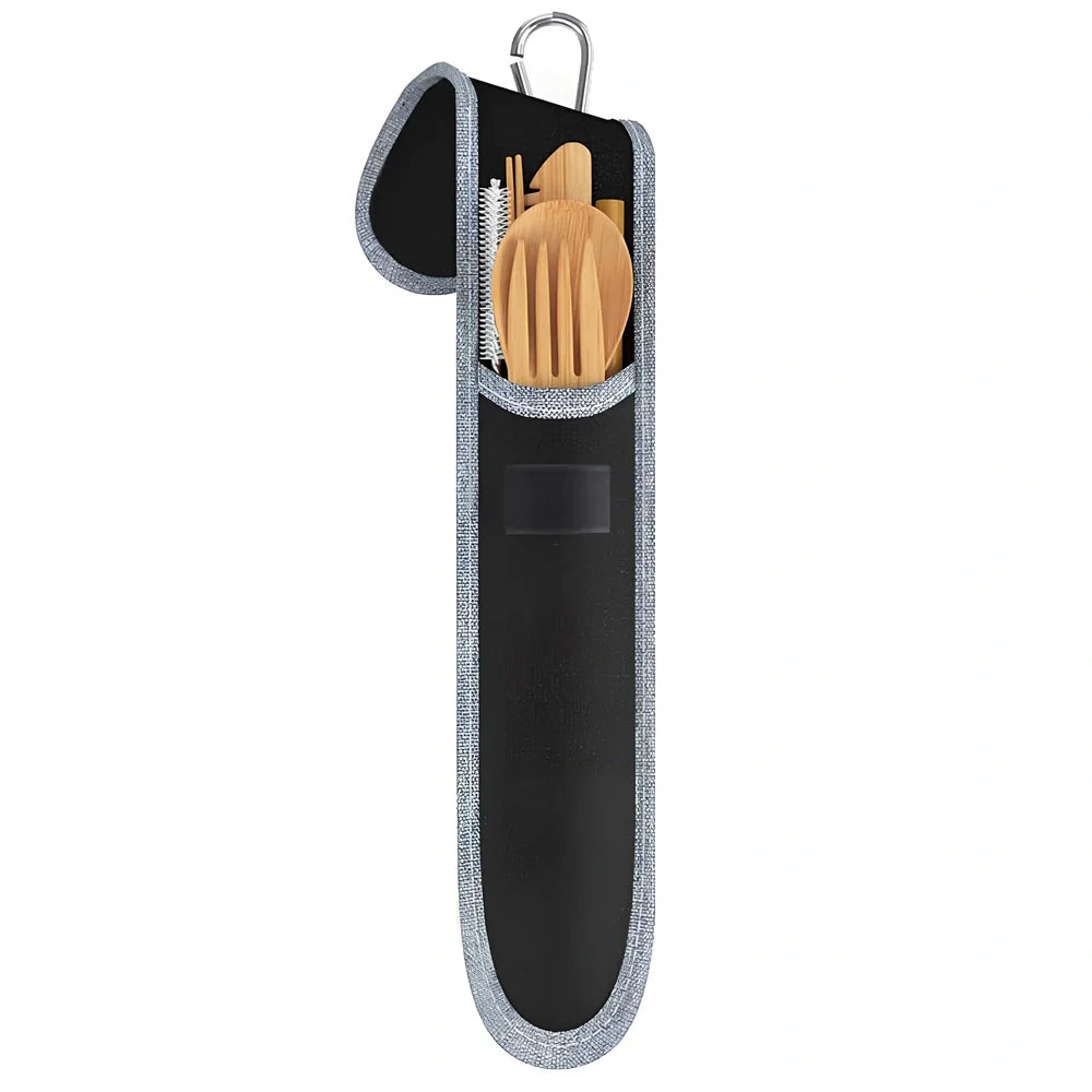 Bamboo cutlery set with 20cm utensils, stainless steel straw and cleaning brush in natural colour