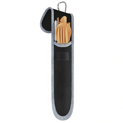 Bamboo cutlery set with 20cm utensils, stainless steel straw and cleaning brush in natural colour