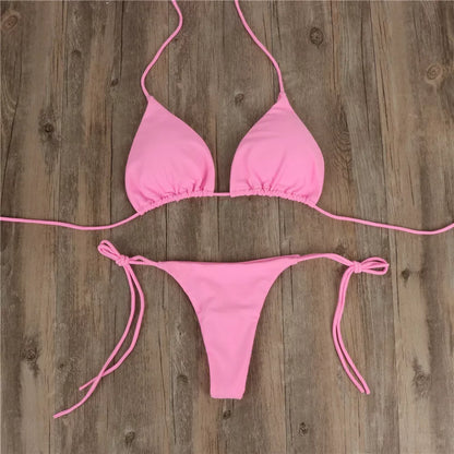 Adjustable halterneck bikini set with lace-up detail in various colors