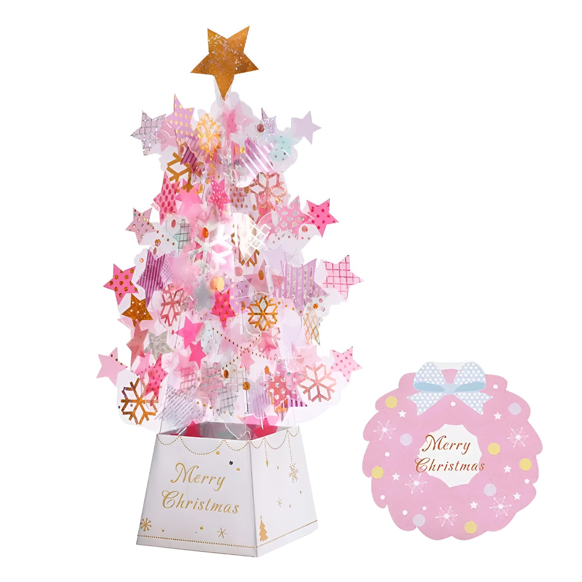 Christmas tree pop-up card in 3D with snowflake sequins and note card, 6x6x24cm paper card in Blue or Pink