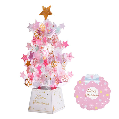 Christmas tree pop-up card in 3D with snowflake sequins and note card, 6x6x24cm paper card in Blue or Pink