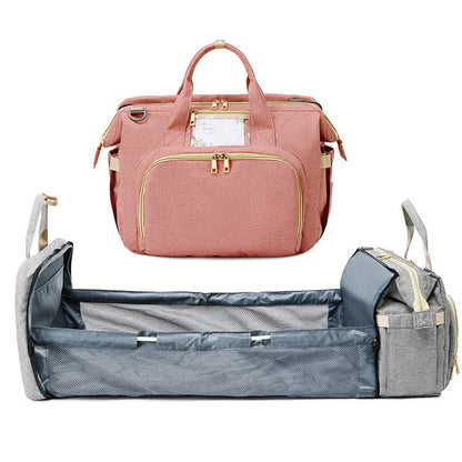 Portable folding crib mummy bag showing 40x19x32cm dimensions with Oxford cloth exterior