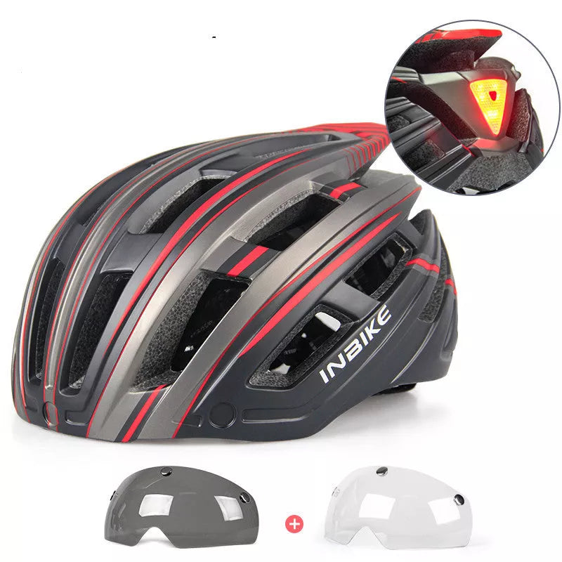 Mountain road bikes cycling helmet with tail lights and interchangeable lenses for men and women