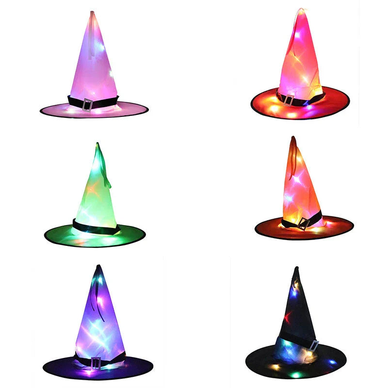 A colorful LED-illuminated witch hat with elf ears, perfect for Halloween home decor and parties.