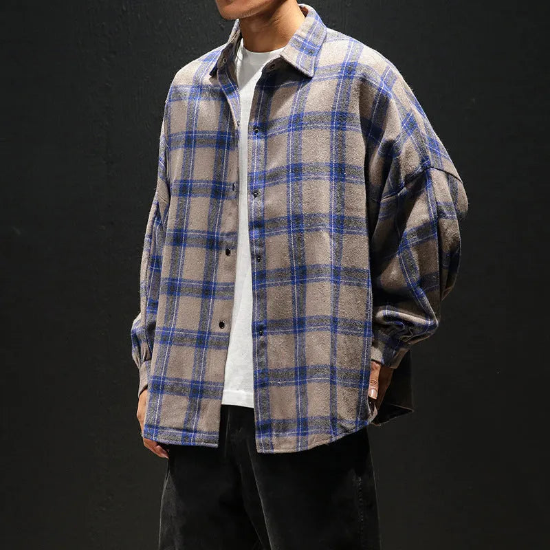 Men's plaid casual long sleeve shirt, cotton, loose fit, square collar, blue brown or grey, sizes L to 5XL