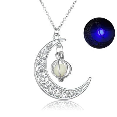 Luminous moon-shaped pendant necklace in various colors, glowing in the dark and emitting a soft, enchanting light