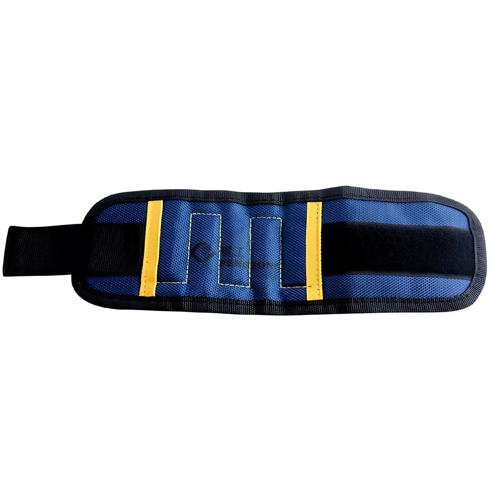 Adjustable magnetic wristband with five embedded magnets on 1680D Oxford cloth, showing tool holding capability