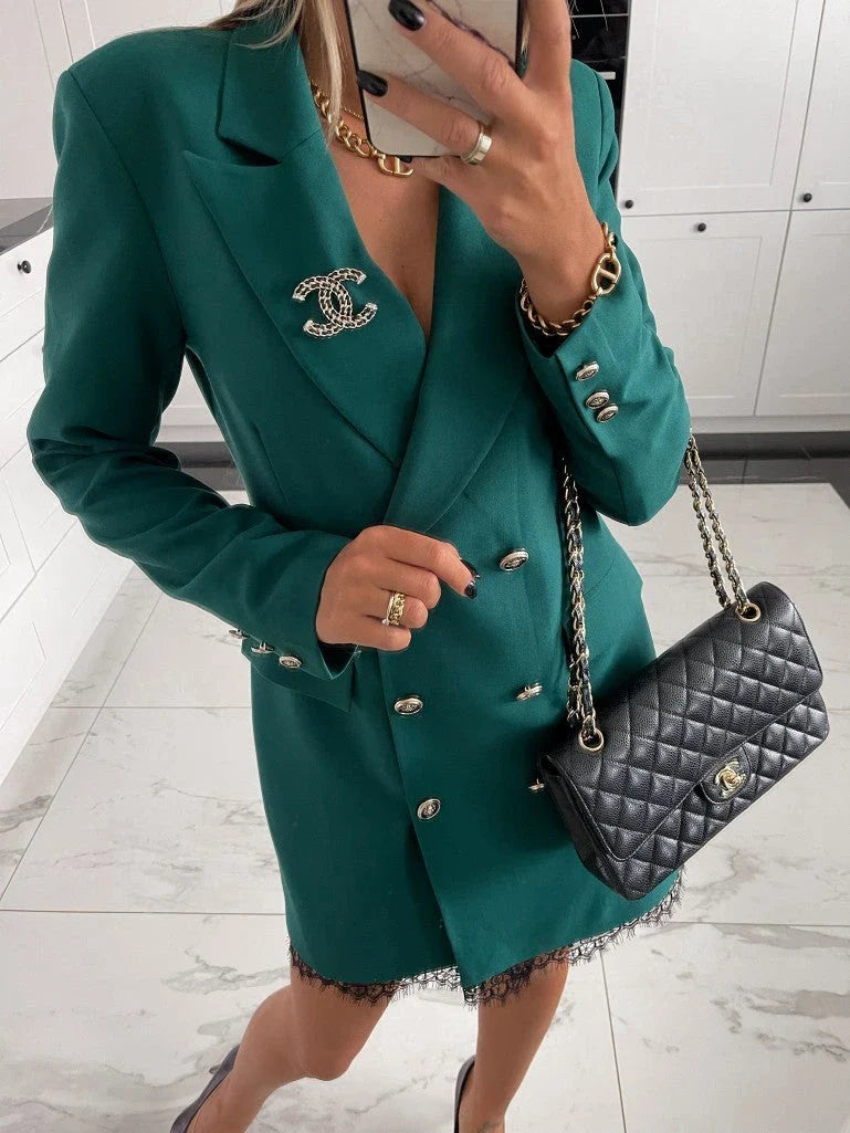Fashionable lace midi dress with double-breasted closure and A-line silhouette in red, black, and green colors