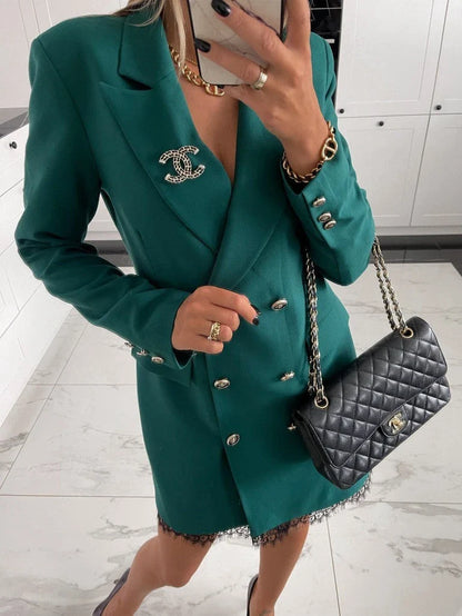 Fashionable lace midi dress with double-breasted closure and A-line silhouette in red, black, and green colors
