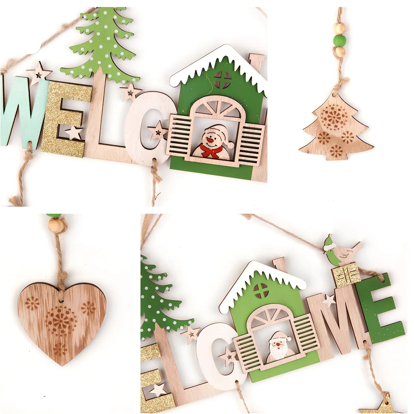 Wooden Christmas ornaments showing old man, snowman and elk designs with 43cm length