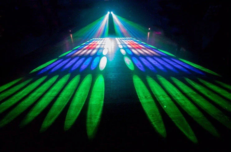 Double-headed LED Lantern projecting dynamic airship laser light in black PVC construction