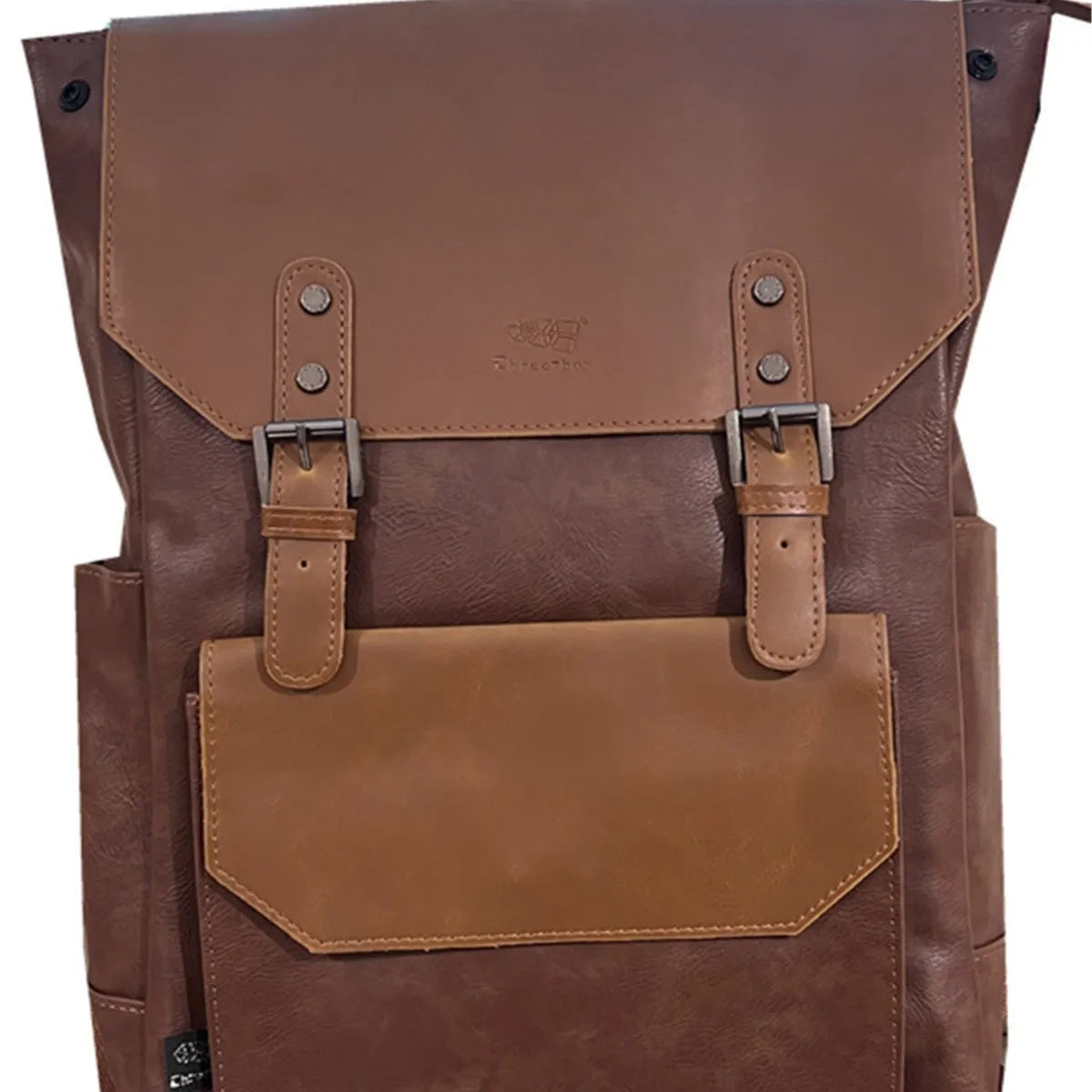 Unisex large capacity PU backpack in a solid colour, shown in college style.
