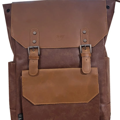 Unisex large capacity PU backpack in a solid colour, shown in college style.
