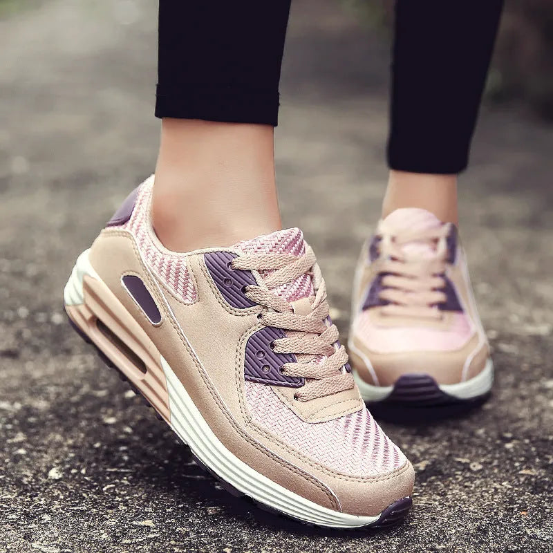 Women's casual shoes with a low heel in beige orange, grey, and pink purple colour options.