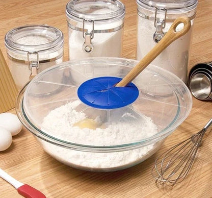 Splash-proof mixing bowl cover with flap for stand mixers to prevent kitchen messes during baking and cooking