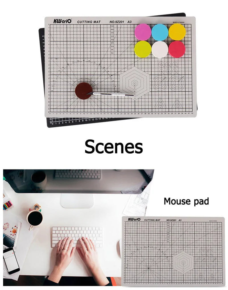 A3 cutting mat with self-healing surface in 3.5mm thickness for craft knife work, model making, and precision cutting, available in black, green, or grey with double-sided or single-sided centimetre grid options