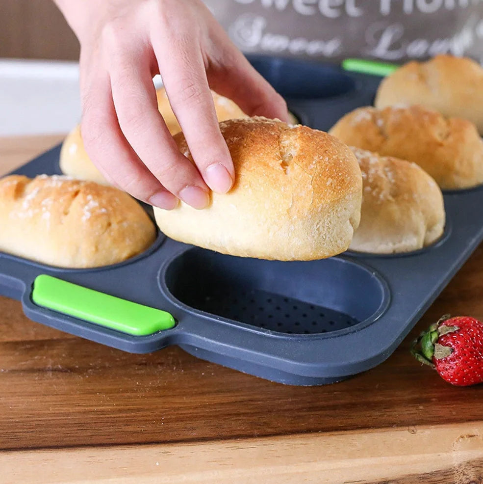 Dark grey silicone bread baking mould with eight compartments for uniform French loaves