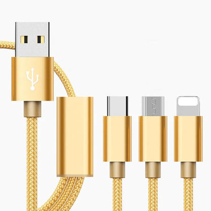 Three-in-one mobile phone charging cable in multiple colours with a 1.2m length.