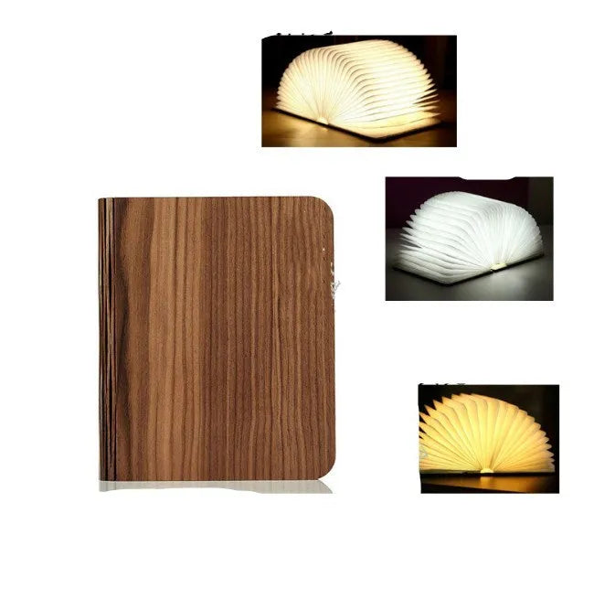 Solid wood USB book light in three sizes showing white and warm white light options.