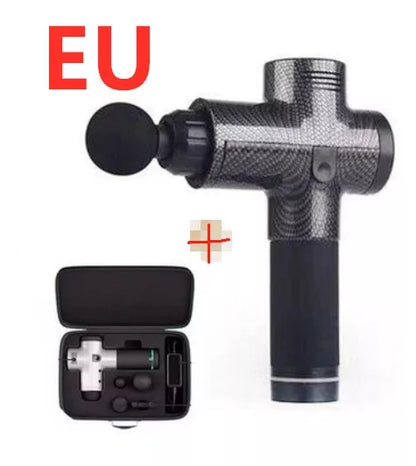 Relax Tissue Deep Muscle Massage Gun with 4 interchangeable heads on a white background