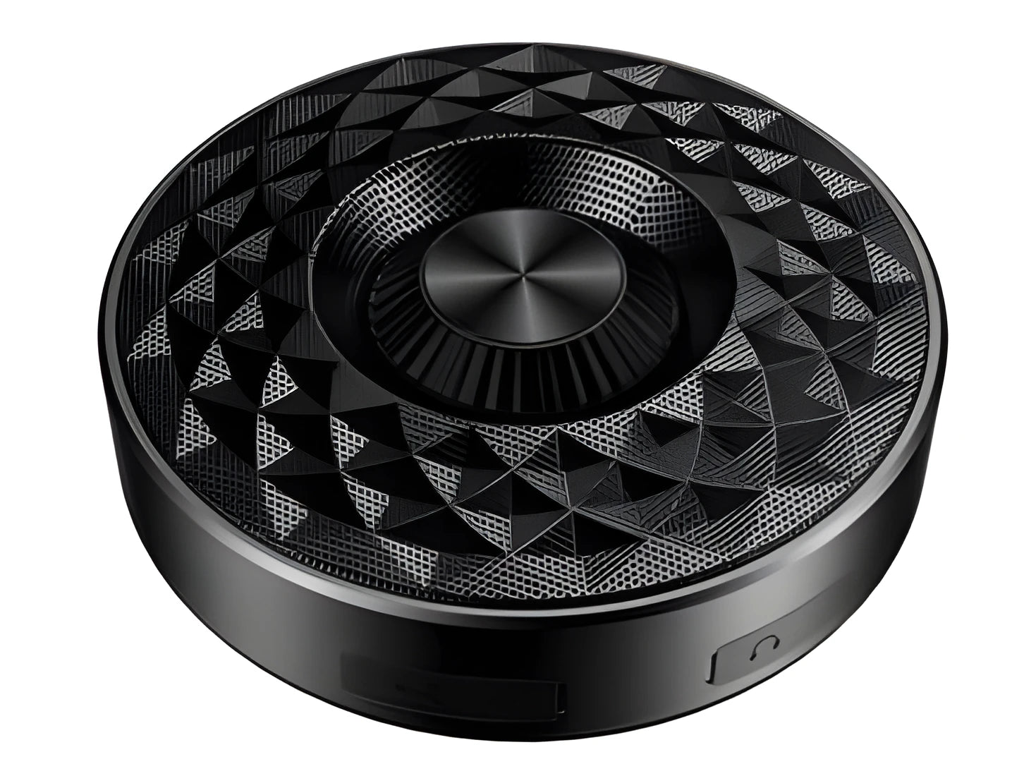 Bluetooth wireless mini speaker in black, orange, and silvery white colours showing compact 10cm size and USB-C port