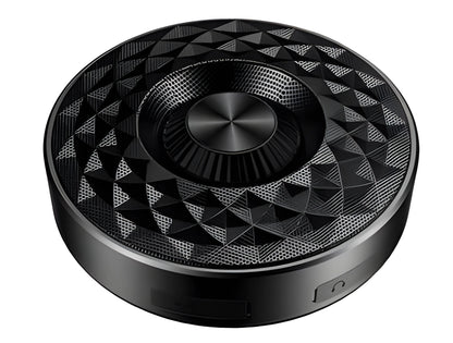 Bluetooth wireless mini speaker in black, orange, and silvery white colours showing compact 10cm size and USB-C port
