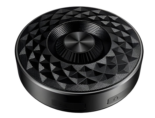 Bluetooth wireless mini speaker in black, orange, and silvery white colours showing compact 10cm size and USB-C port