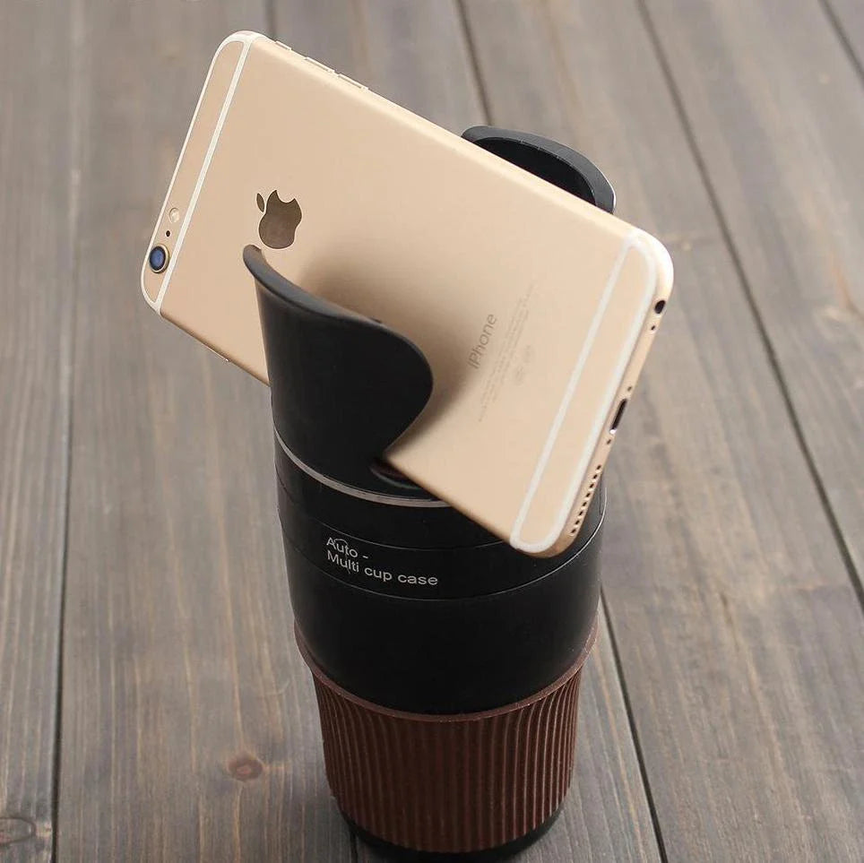 Versatile car cup holder made of ABS plastic and rubber, with a rotatable design to hold cups, bottles, and small items securely in your vehicle.
