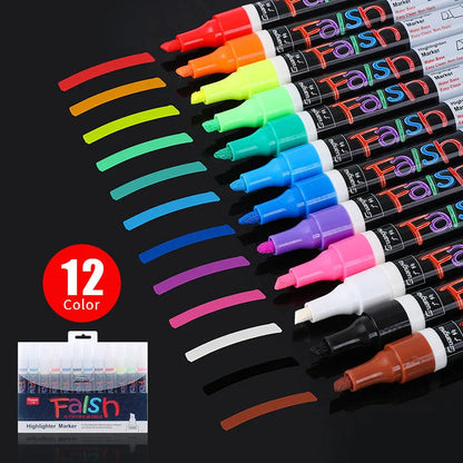 Electronic fluorescent plate highlighter with 6mm tip, plastic shell, and oblique shape for comfortable use.