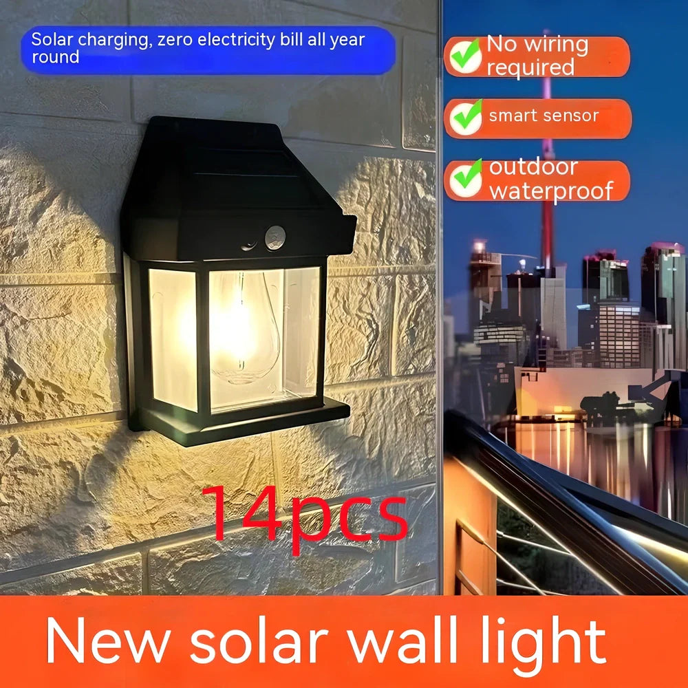 Black solar garden wall lamp with waterproof IP65 rating and automatic light sensor for outdoor installation