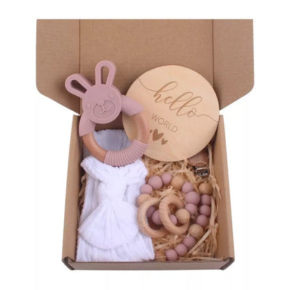 Natural cotton baby bath toy set with wooden rattle and comfort towel