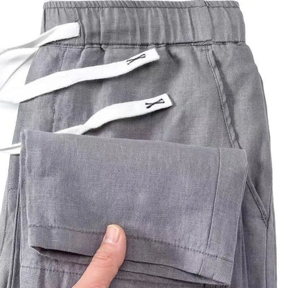 Pure linen Chinese style elastic waist trousers in straight leg cut with drawstring closure