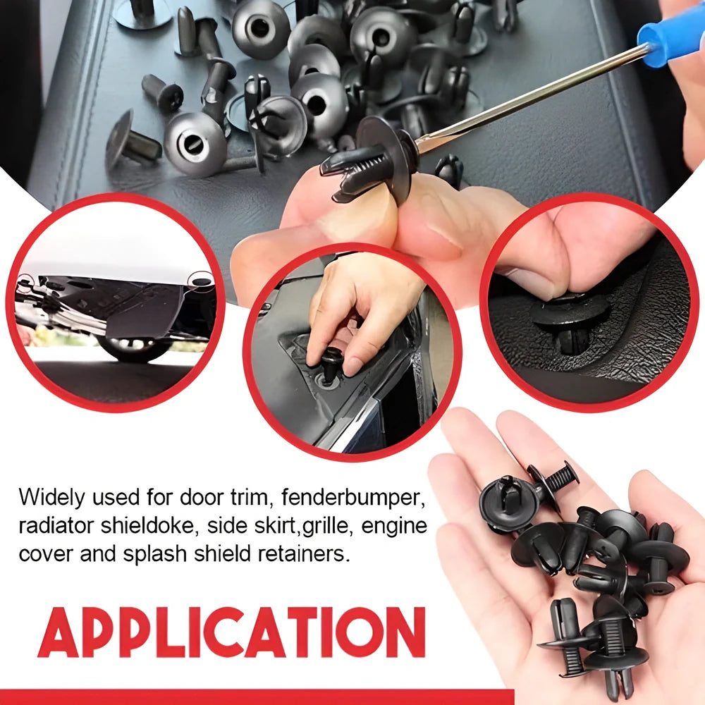 100-piece set of 6-size handy auto body clips for securing fenders, bumpers, doors, and other vehicle exterior panels